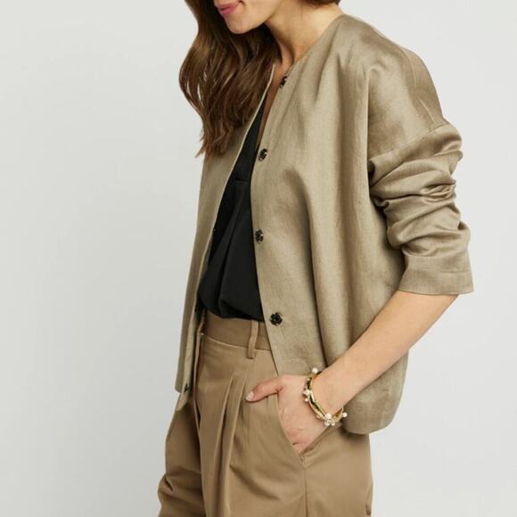 PAUW Linen Blend Tan Short Hidden Button Lightweight Blazer Pocket‎ No Collar 0 - Picture 1 of 13